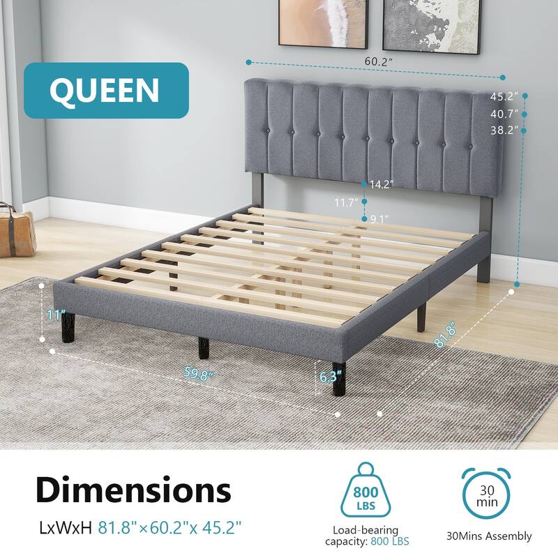 Full Size Platform Bed Frame with Fabric Upholstered Headboard and Wooden Slats Support, No Box Spring Needed/Easy Assembly