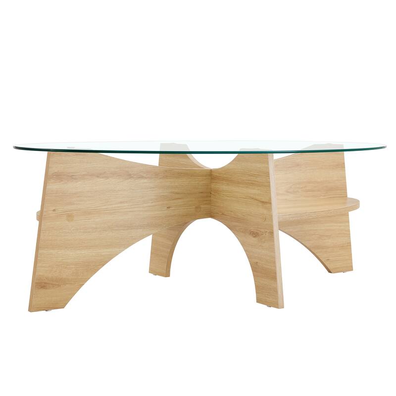 GDFStudio Elowen Tempered Glass Coffee Table with Wood Legs and Multi-Functional Design