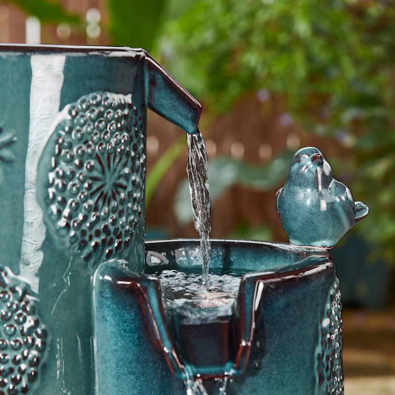 Glitzhome 31.75"H 4-Tier LED Vase-Shaped Ceramic Outdoor Floor Fountain with Birds/ Lotus