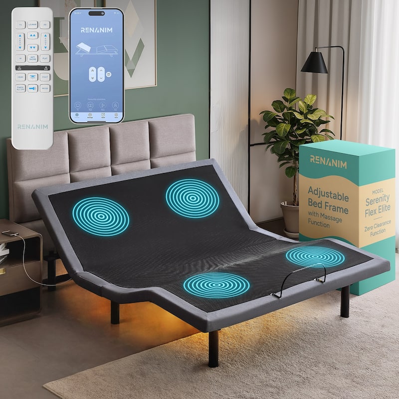 Renanim Adjustable Bed Base with Dual Massage - USB, Under Bed Light, Zero Gravity, App Control, Head and Foot Incline - King