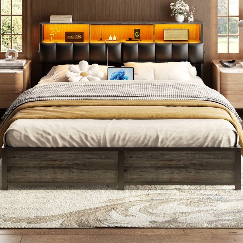 Upholstered Headboard with Hidden Drawer, Head Board with Power Outlet and LED Light