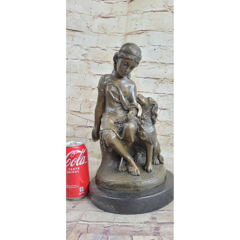 Clical Girl With Puppy Imitative Dog Bronze Statue Sculpture Figure On Marble Base 15 Inches X 8 Inches