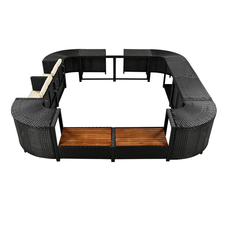 Outdoor Rattan Spa Frame Conversation Sofa Set with Storage & Wooden Bench