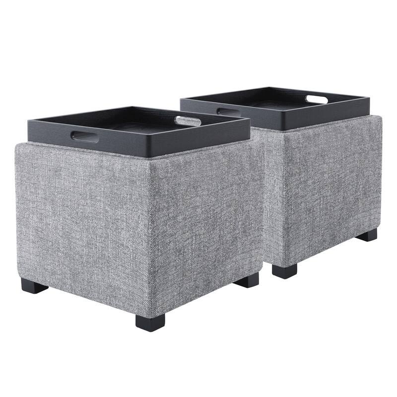 Spruce & Spring Ethan Storage Stool Ottoman - Set of 2 - Pebble Grey-Fabric