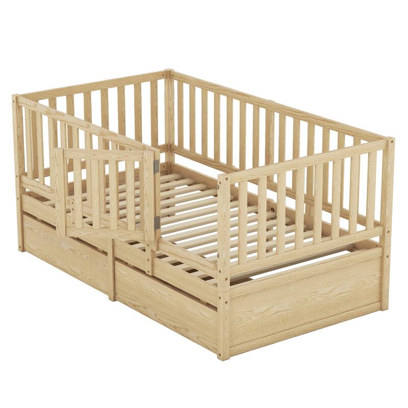Modern Wood Daybed with Fence Guardrails and 2 Drawers