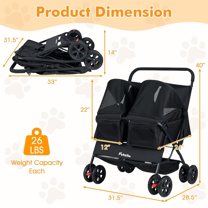 Gymax Double Pet Stroller w/ 2-seater Carrier Adjustable Sunshade