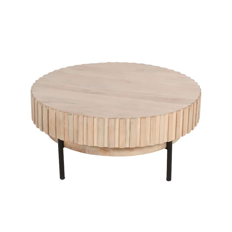 36 Inch Modern Handcrafted Round Coffee Table, Oak White Wood Top with Grooved Edges, Black Iron Legs