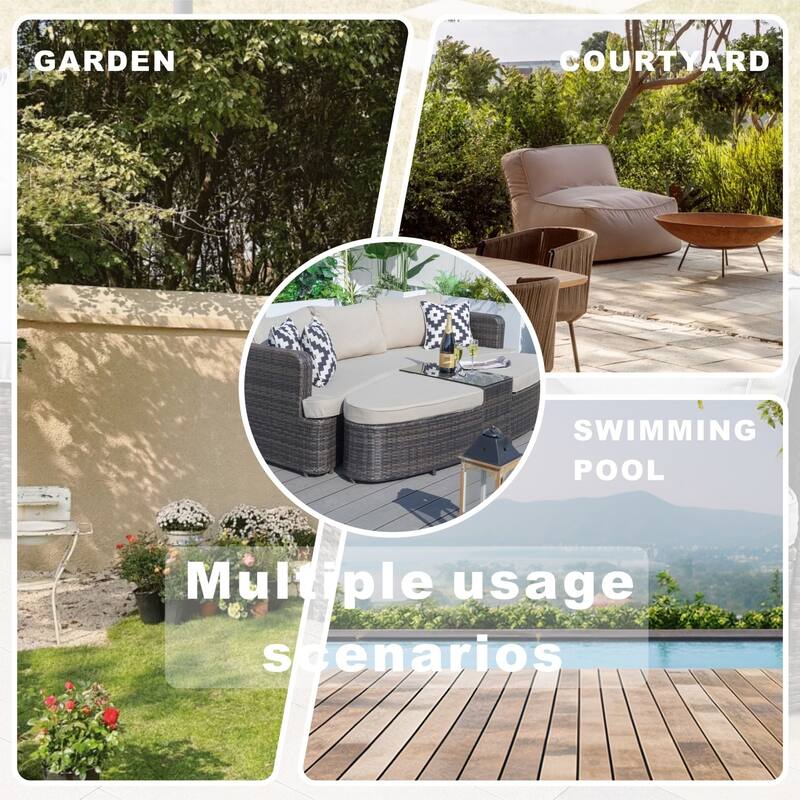 5-piece Patio Wicker Daybed Sectional Sofa Set with Side Table