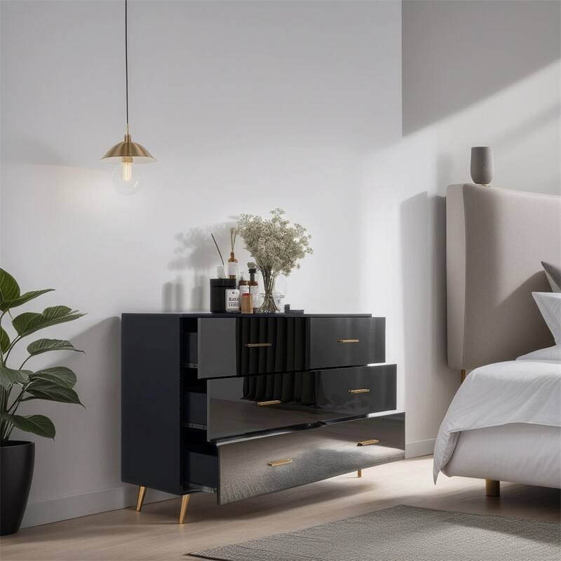 High Glossy Surface 6 Drawers Chest,w/Handle and Steel Legs,Vanity - Black