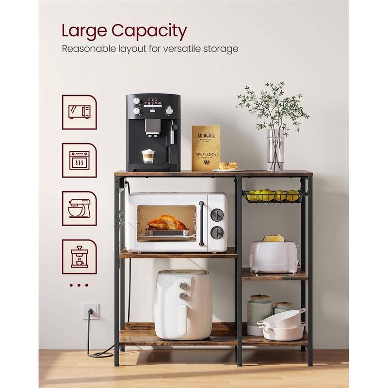 Steel Bakers Rack with Outlet Shelves and Basket with Charging Station - 15.7”D x 35.4”W x 35.6”H