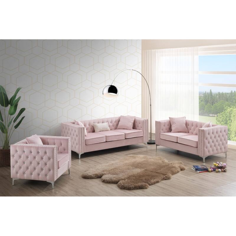 Button Tufted 3-Seater Velvet Sofa with Throw Pillows - 86" - Pink