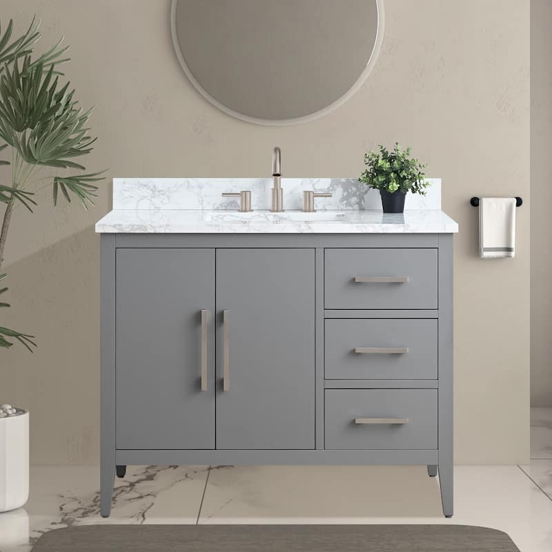 Vanity Art 42" Single Sink Bathroom Vanity Cabinet with Engineered Marble Countertop - 42"/Brushed Nickel Handle - Cashmere Gray