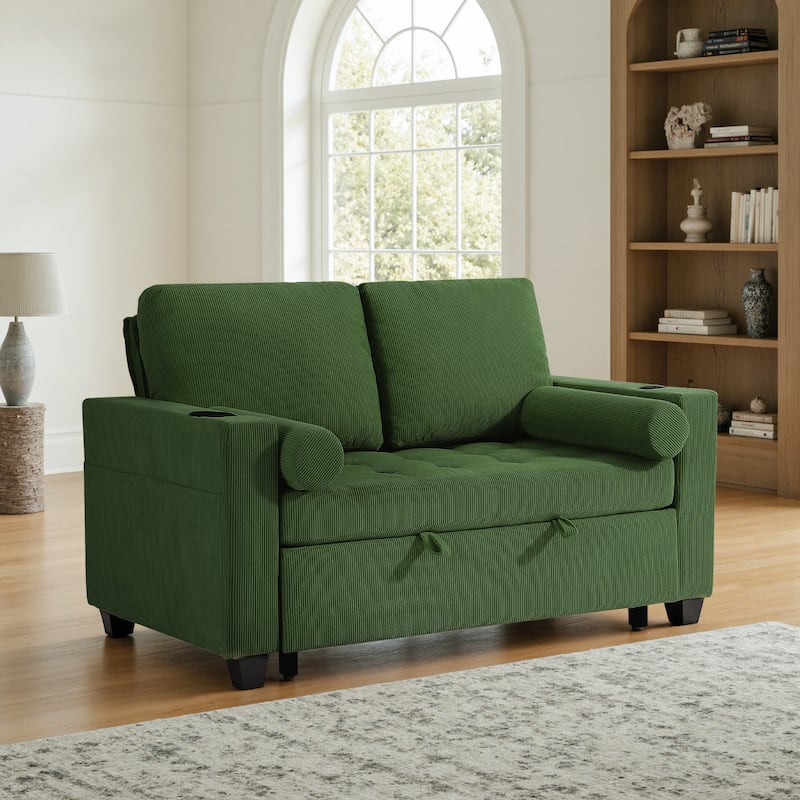 Corduroy Convertible Loveseat Sofa Bed Recliner with Cup Holder, USB Ports