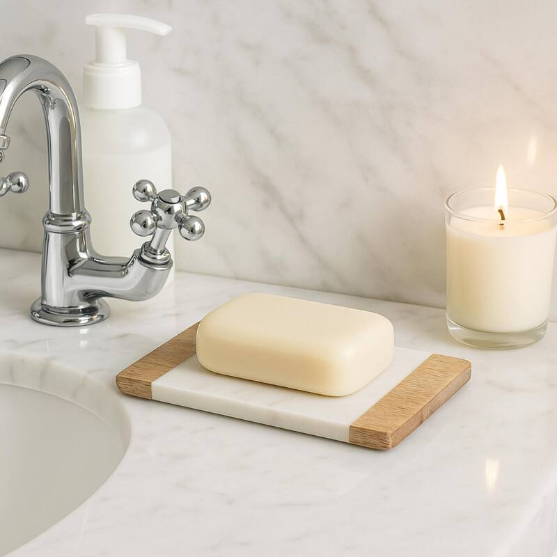 Creative Home Off-White Marble and Mango Wood Soap Dish, Soap Tray, Soap Holder