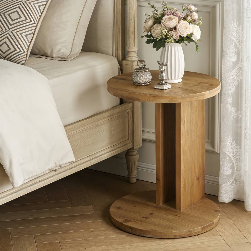 19.68" Round C-Shaped Solid Wood Nightstand