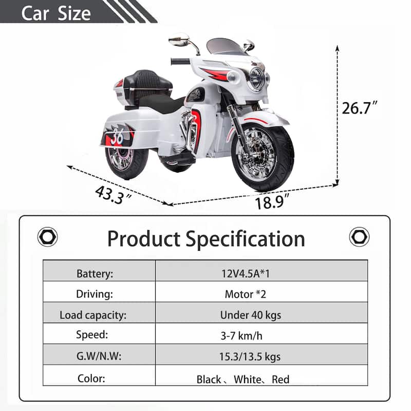 White Kids 3-Wheel Motorcycle with Dual Seats, Ride-On Motorcycle Electric Motorcycle with LED Headlight