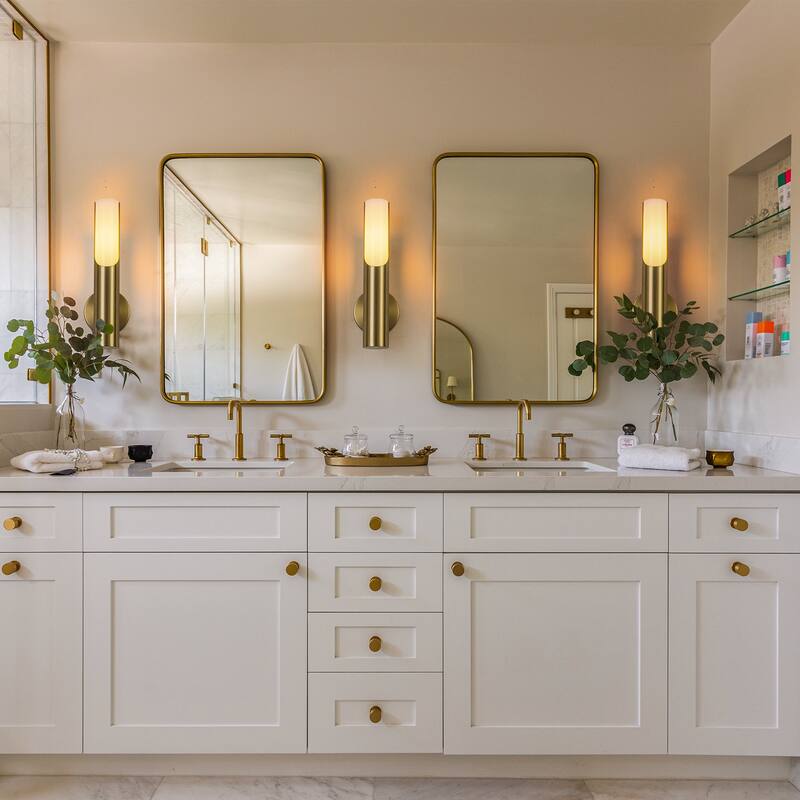 Modern 1-Light Brass Wall Sconce with Opal Glass Shade - 4.7" W x 4.3" D x 15" H