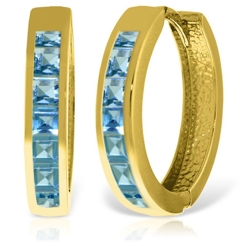 14K Solid Gold Hoop Huggie Gemstone Earrings w/ Natural Blue Topaz - Yellow