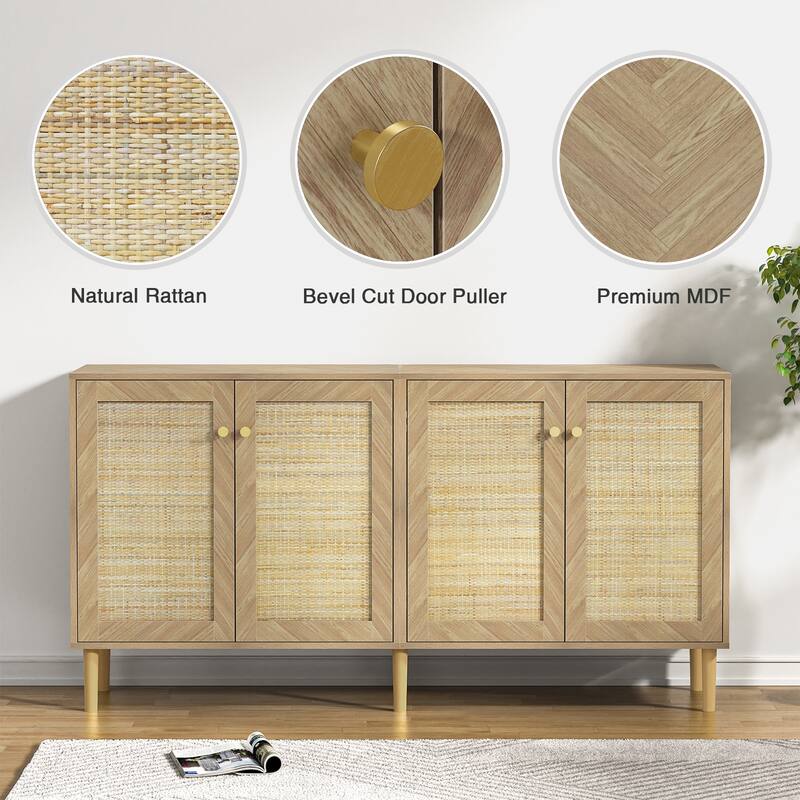 Anmytek Modern 63" W 4-Door Large Sideboard Buffet Rattan Kitchen Storage Cabinet with Adjustable Shelves