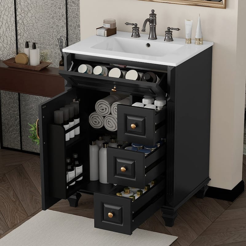 24"Bathroom Vanity with Sink, Freestanding Vanity Cabinet with Flip-Out Drawer, 3 Drawers & Storage Cabinet, Ceramic Sink Top