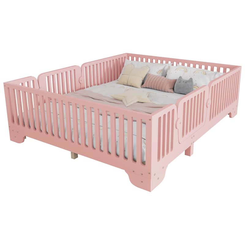 Kids Floor Bed with Safety Fence and Removable Door for Boys Girls