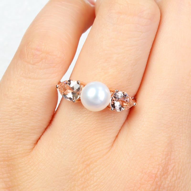 Miadora 7-7.5mm Cultured Freshwater Pearl 1 1/2ct TGW Morganite Promise Ring 14k Rose Gold