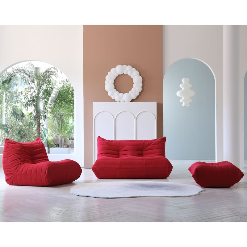 Ultra Soft Bean Bags Chairs,Lazy Lounger Floor Sofa with Ottoman - Red
