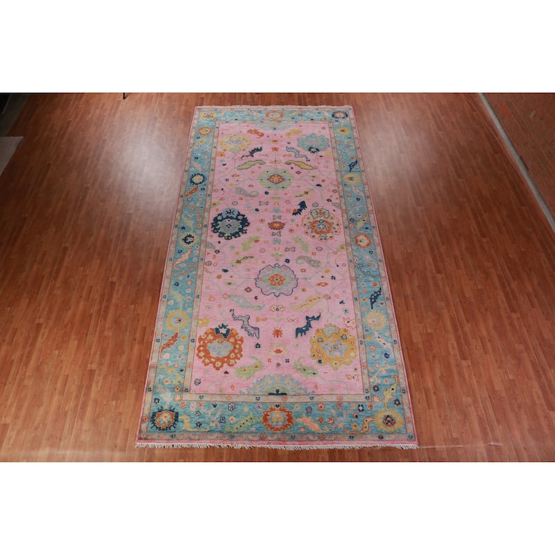Pink Blue Floral Oushak Indian Large Rug Handmade Wool Carpet - 7'11" x 16'0"