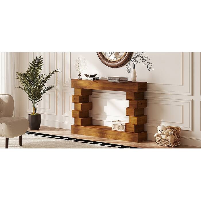 Wood Console Table, 47.24" Long Boho Sofa Table Behind Couch Geometric Block Stacked Table, Narrow Sofa Table for Living Room
