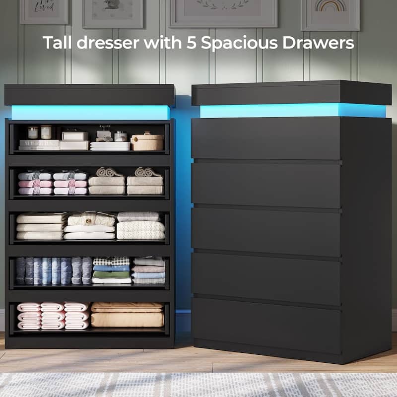 Bedroom Dresser Drawers with LED Light Power Outlet Chest of Drawer