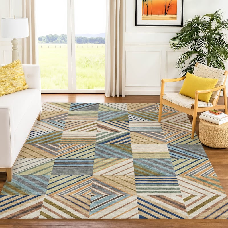 Machine Washable Indoor/ Outdoor Geo Mosaic Chantille Rug