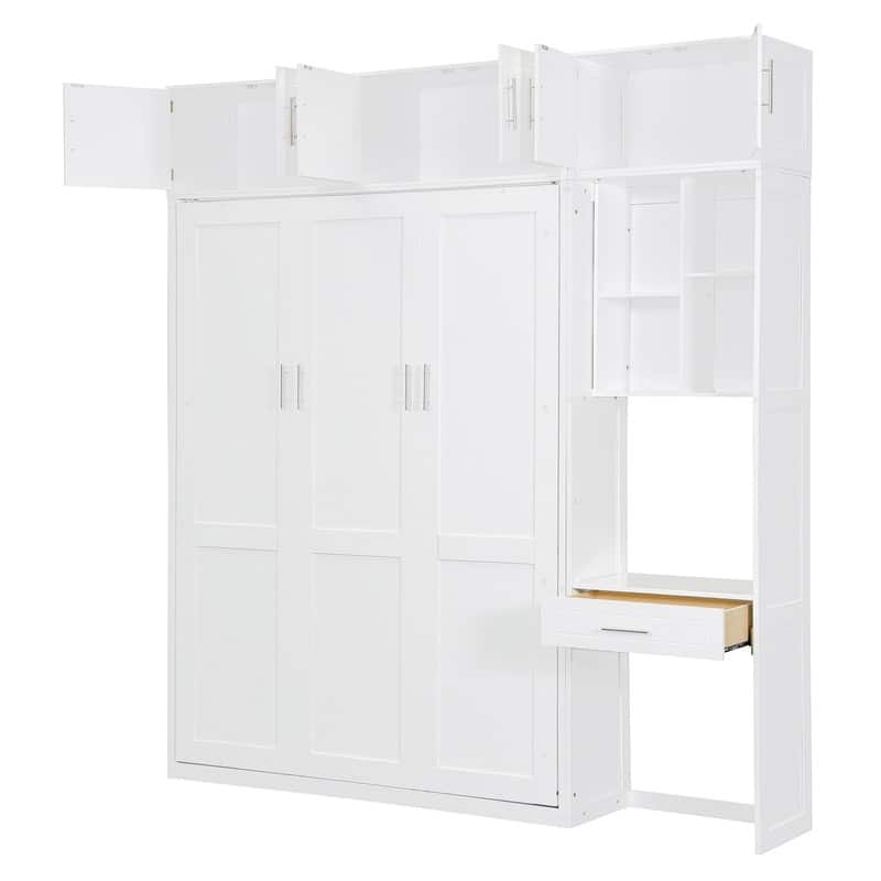 Full Size and Queen Size Wall Murphy Bed with Desk, Top Cabinet and Storage Shelves, Space Saving Foldable Bed