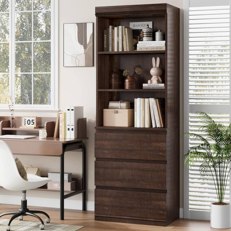 70 Inch Freestanding Modern Tall Bookcase with 3 Drawers - N/A