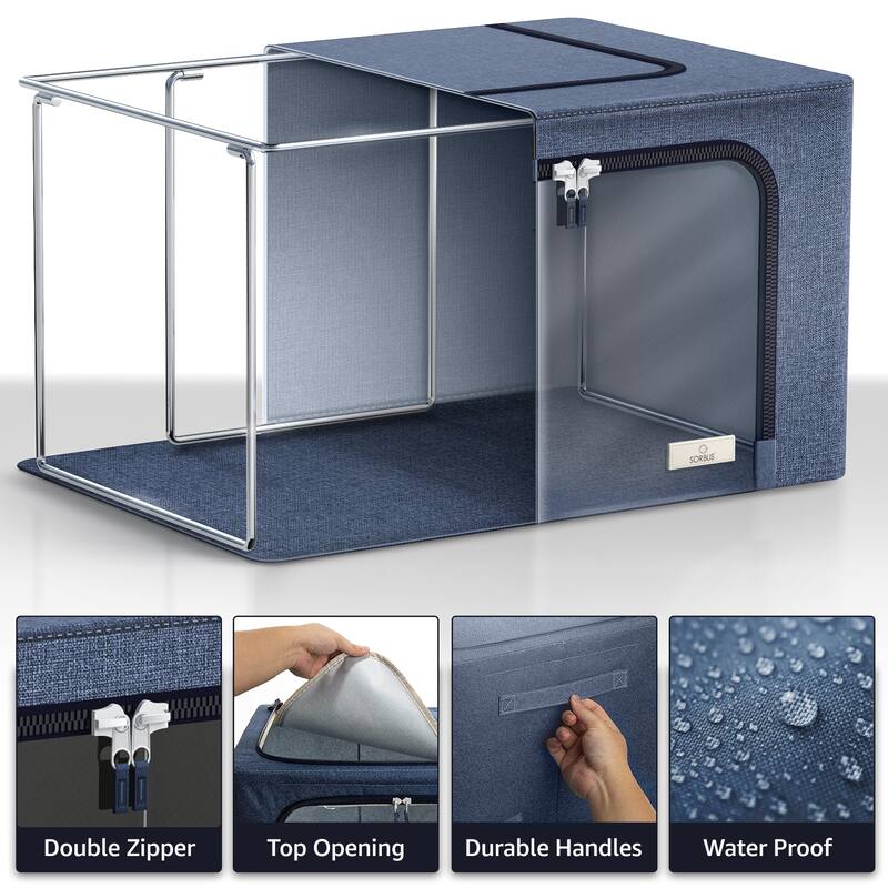 Sorbus Storage Bins with Metal Frame Stackable Foldable Clothes Organizer Bags Oxford Fabric With Clear Window & Handles- 4Pk