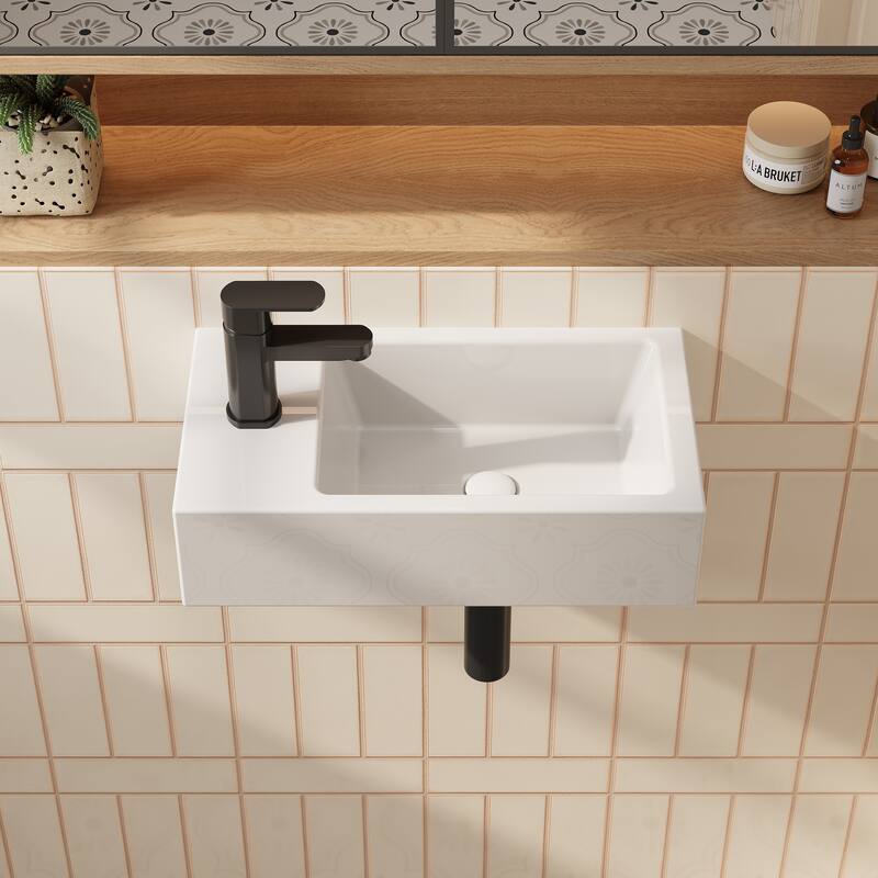 HOROW Left Hand White Ceramic Wall-Mounted Rectangle Vessel Sink Porcelain - N/A