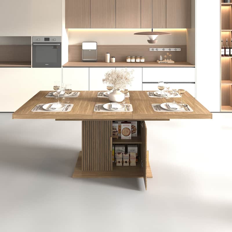 Extendable Cabinet Dining Table with Storage, Wood Kitchen Table with Striped Cabinet, Waterproof Coffee Table