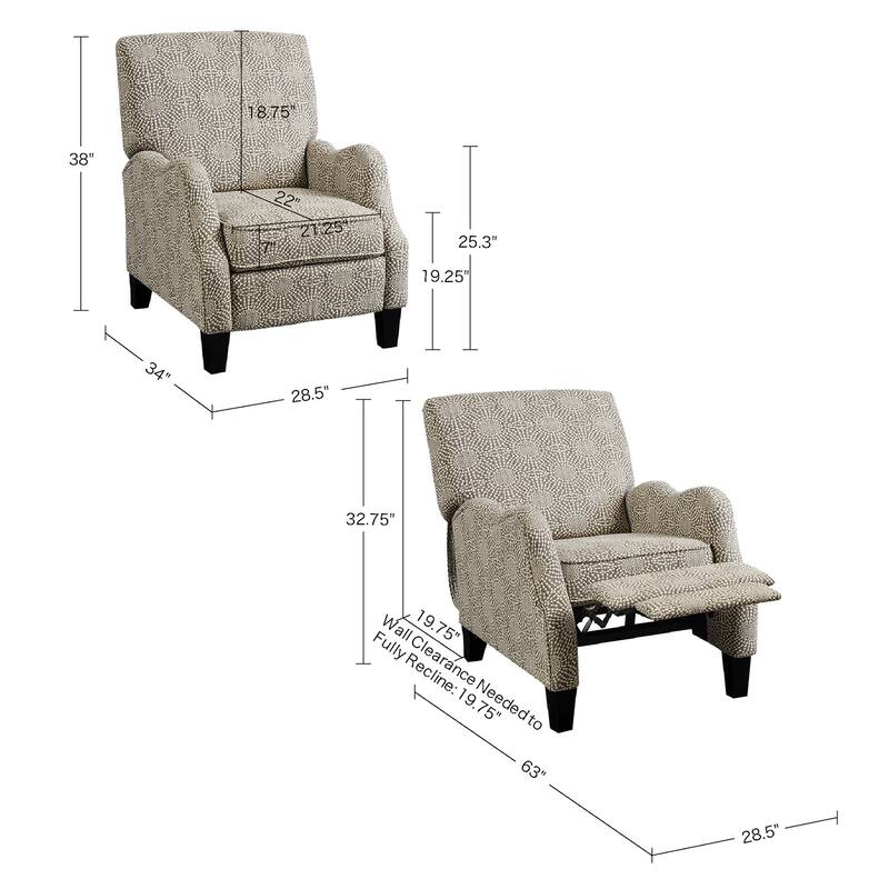 Roomfitters Upholstered Manual Push Back Recliner Armchair with Geometric Pattern and Wood Legs, Beige Multi