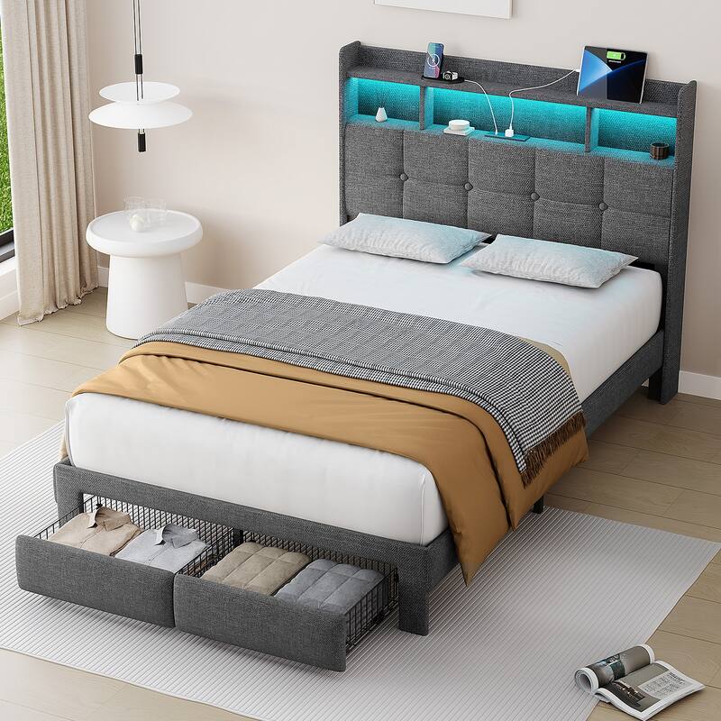 King Size Upholstered Platform Bed with LED Lights, Charging Station & Storage Headboard, No Box Spring Needed