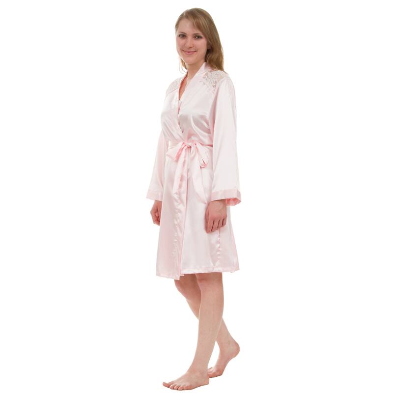 Leisureland Lace Yoke Satin Knee-Length Robe