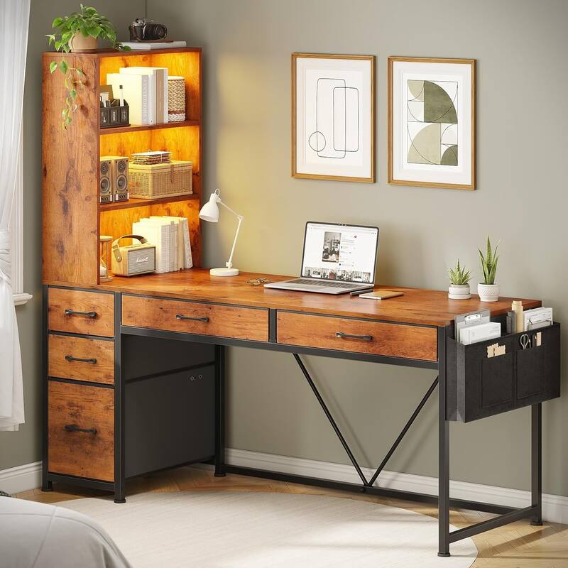 L Shaped Computer Desk 5 fabric Drawers Gaming Desk Storage Shelf - 31" - Brown