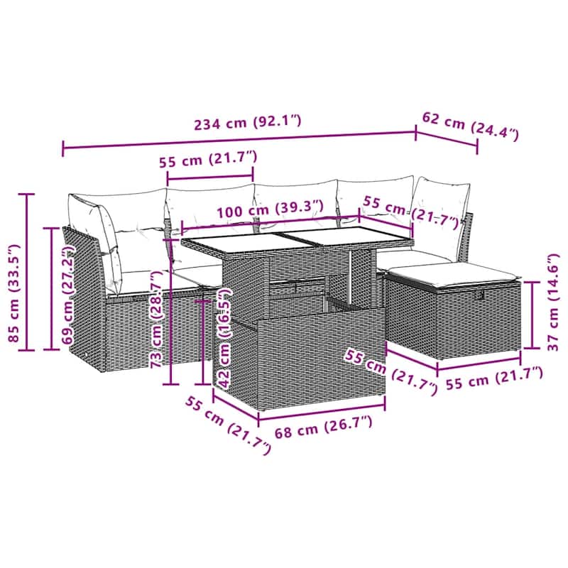 vidaXL Patio Sofa Set with Cushions Outdoor Furniture 6 Piece Poly Rattan - 21.7 x 39.4 x 28.7 in