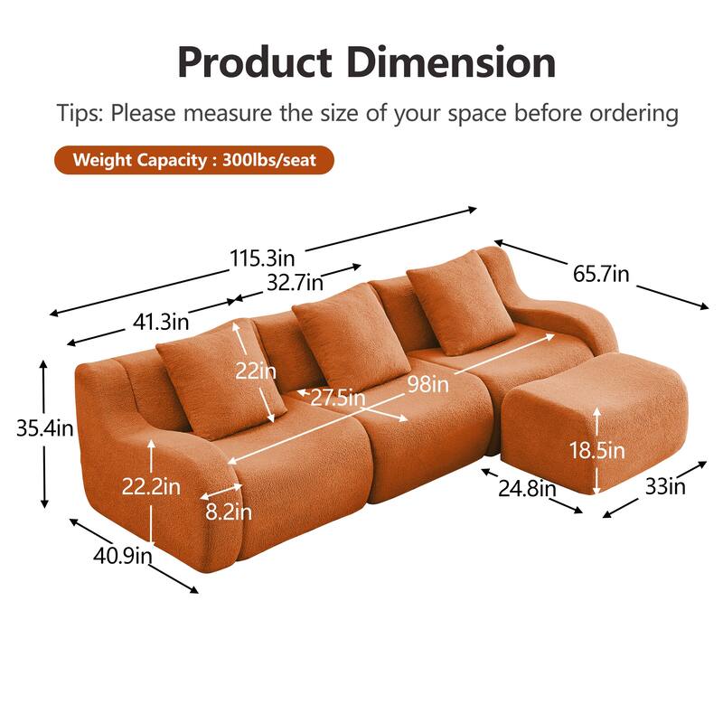 Anmytek Modern 3-Seat Chaise Sofa - High-Quality Teddy Fabric