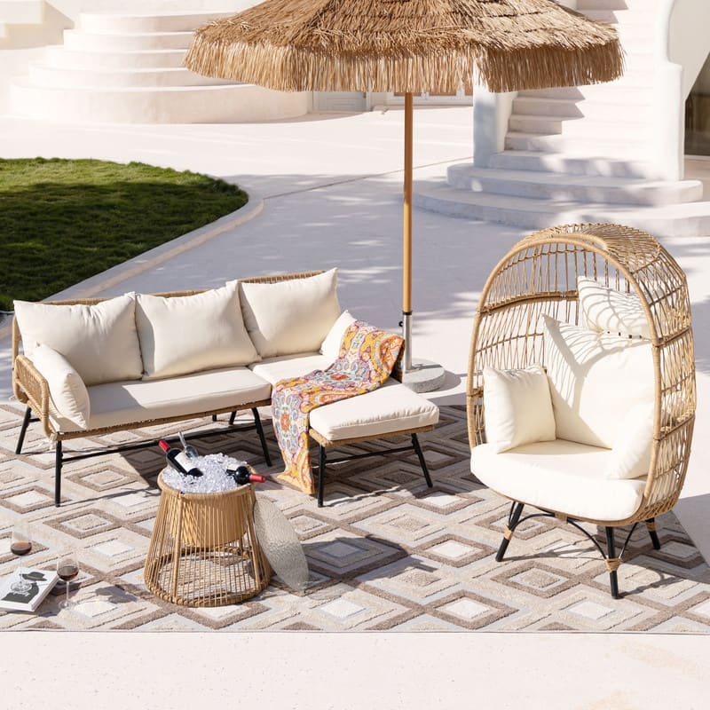 FINCATI BOHO Luxury Outdoor Patio Wicker Conversation Sectional Sofa Set - Beige-4PCS(B)