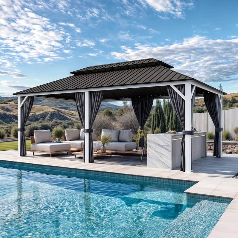 PURPLE LEAF Patio Hardtop Gazebo Pro for Outdoor Grey Galvanized Steel Double Roof White Aluminum Poles - 14' x 28' - White Pro with Light