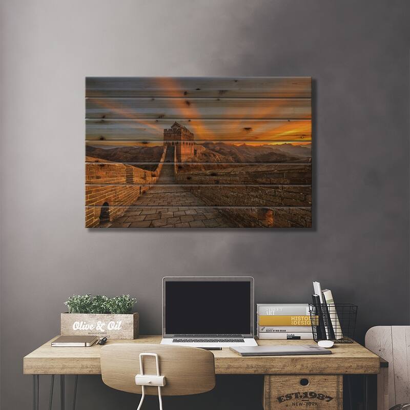 Great Wall Sunrise Print On Wood by Hua Zhu - Multi-Color