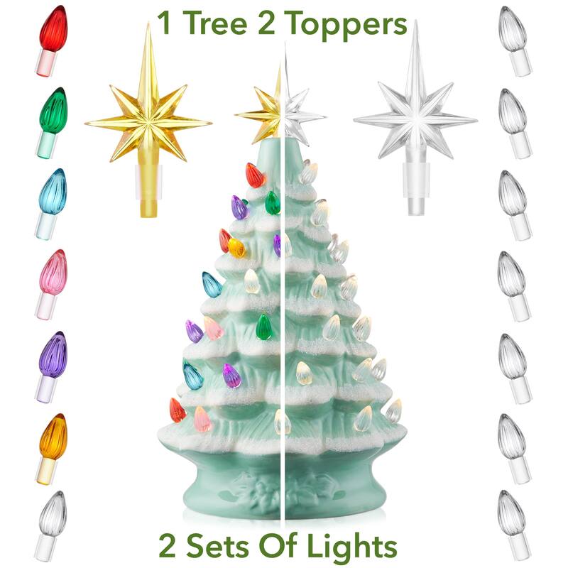 12in Hand Painted Ceramic Christmas Tree PreLit Tree with Star