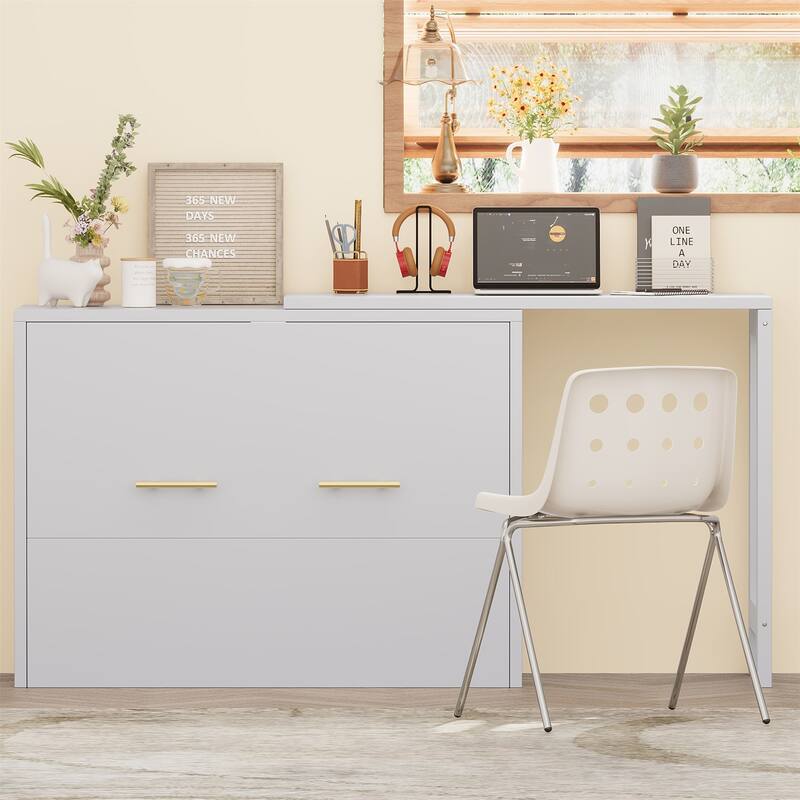 Twin Size Murphy Bed with Adjustable Position Desk,Foldable Cushion