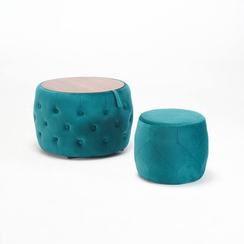 Luxurious Velvet Nesting Ottomans of 2, 4-in-1 Function, Round Storage Foot Stool with Wood Tray, No Assembly Needed