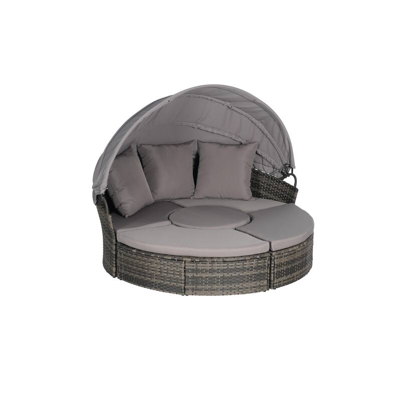 5 Pieces Outdoor Patio Round Daybed Furniture, Wicker Conversation Set with Retractable Canopy, Soft Cushions