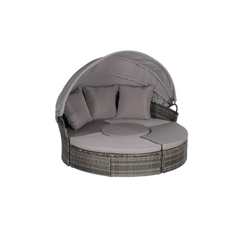 Outdoor Rattan Daybed Round Sunbed with Retractable Canopy, 5 Piece Sectional Patio Conversation Set with Storable Table